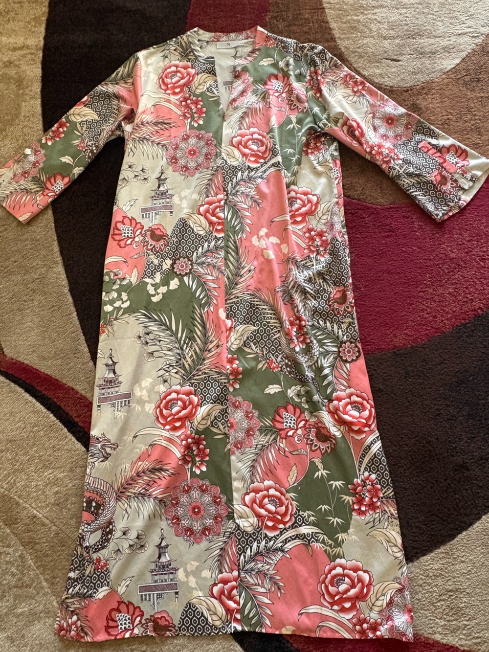Vintage Natori Silky Maxi Gown Zip Up Robe Coral & Olive Long Split Sleeve